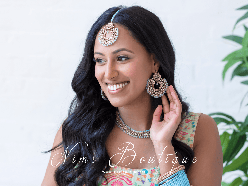 Nims Boutique Royal Antique Gold & Light Blue Chand Tikka Set 6cm
