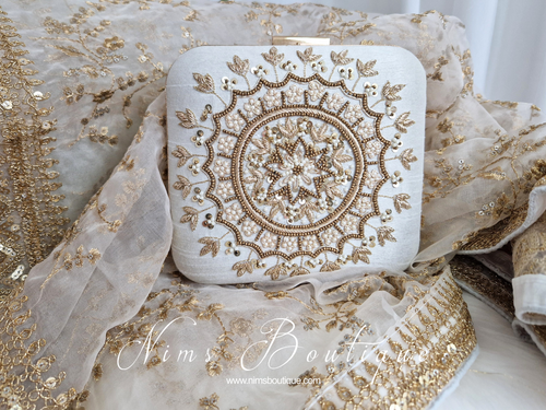 Large White Raw Silk Pearl Embellished Clutch Bag