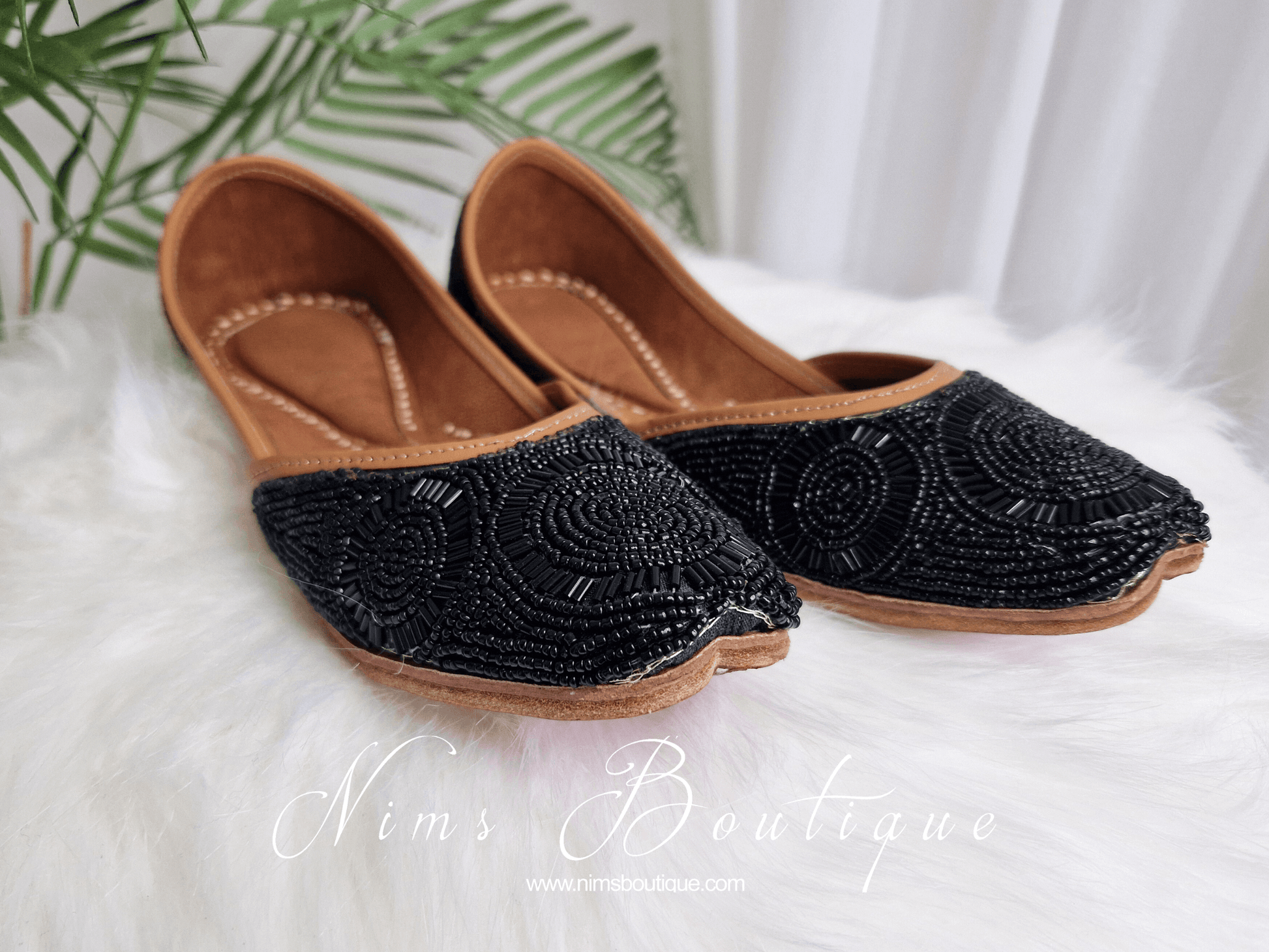 Nims Boutique Black Beaded Leather Punjabi Juttis