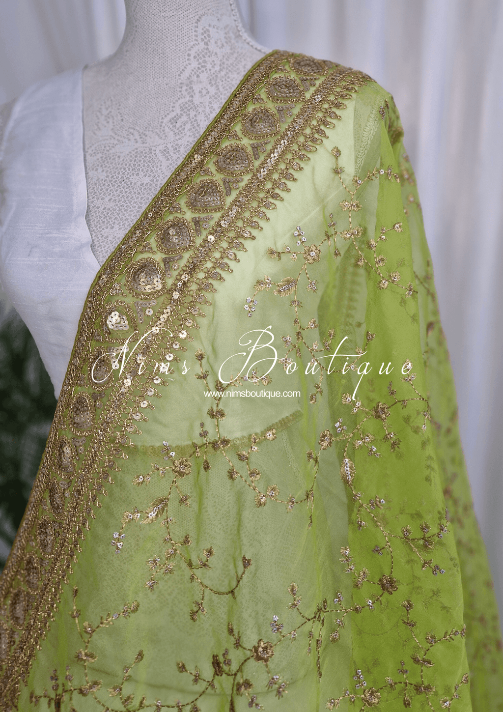 Nims Boutique Mahi Luxury Lime Organza Embroidered Dupatta/Chunni