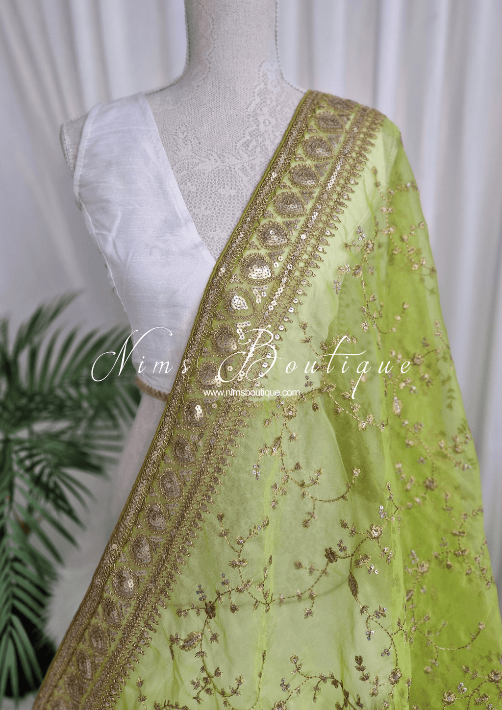 Nims Boutique Mahi Luxury Lime Organza Embroidered Dupatta/Chunni