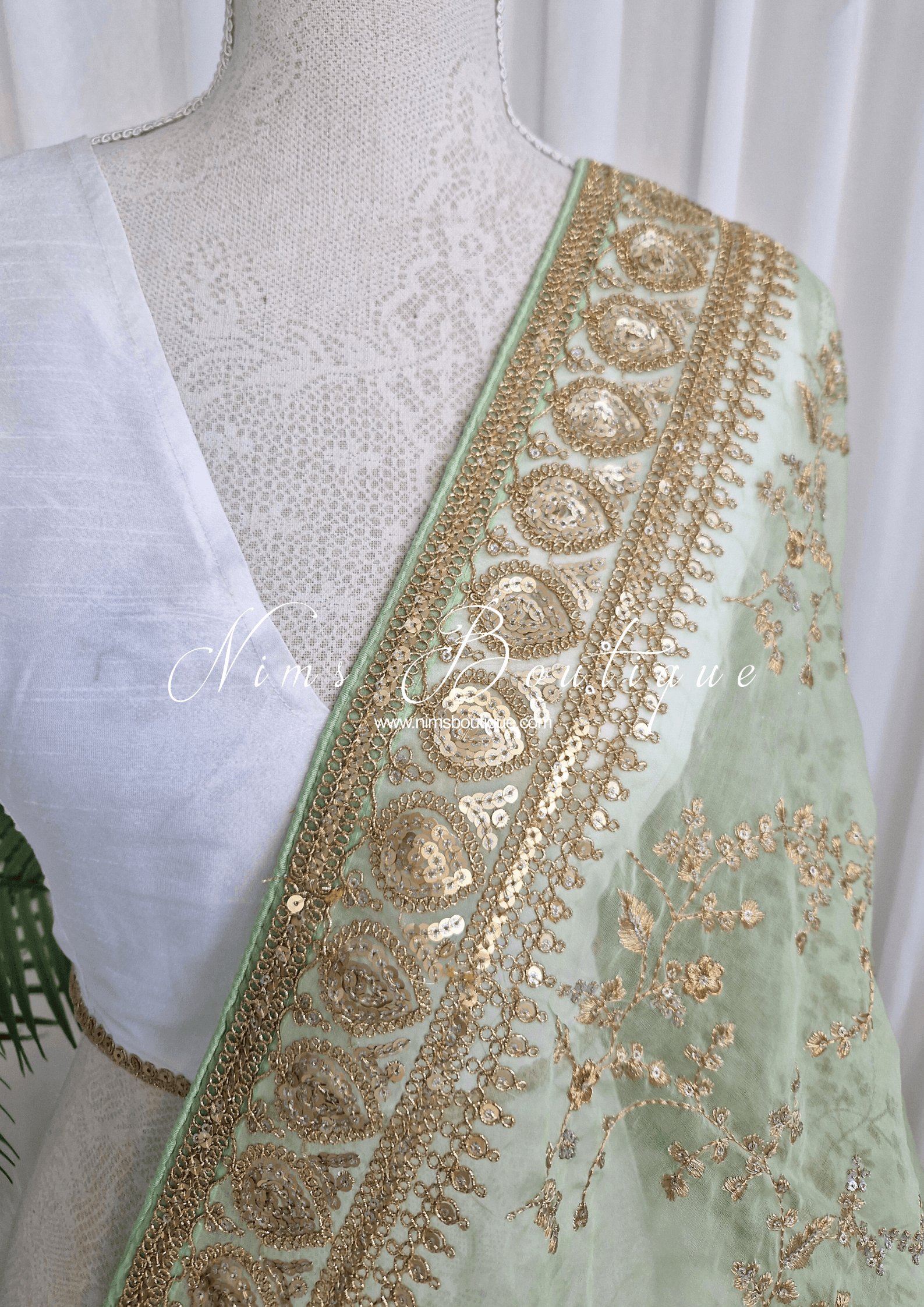 Nims Boutique Mahi Luxury Mint Green Organza Embroidered Dupatta/Chunni