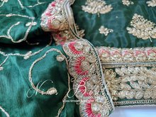 Luxury Unstitched Dark Green & Coral Embroidered Silk Suit