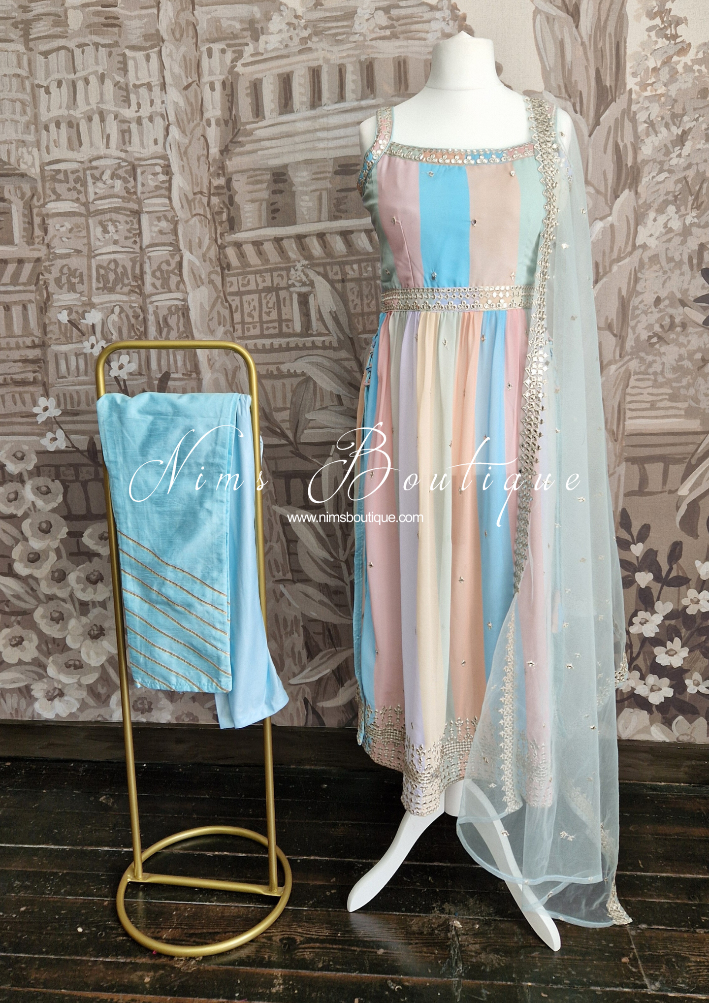 Pastel Blue Multicolour Stripe Trouser & Pajami Suit (Size 10-12)