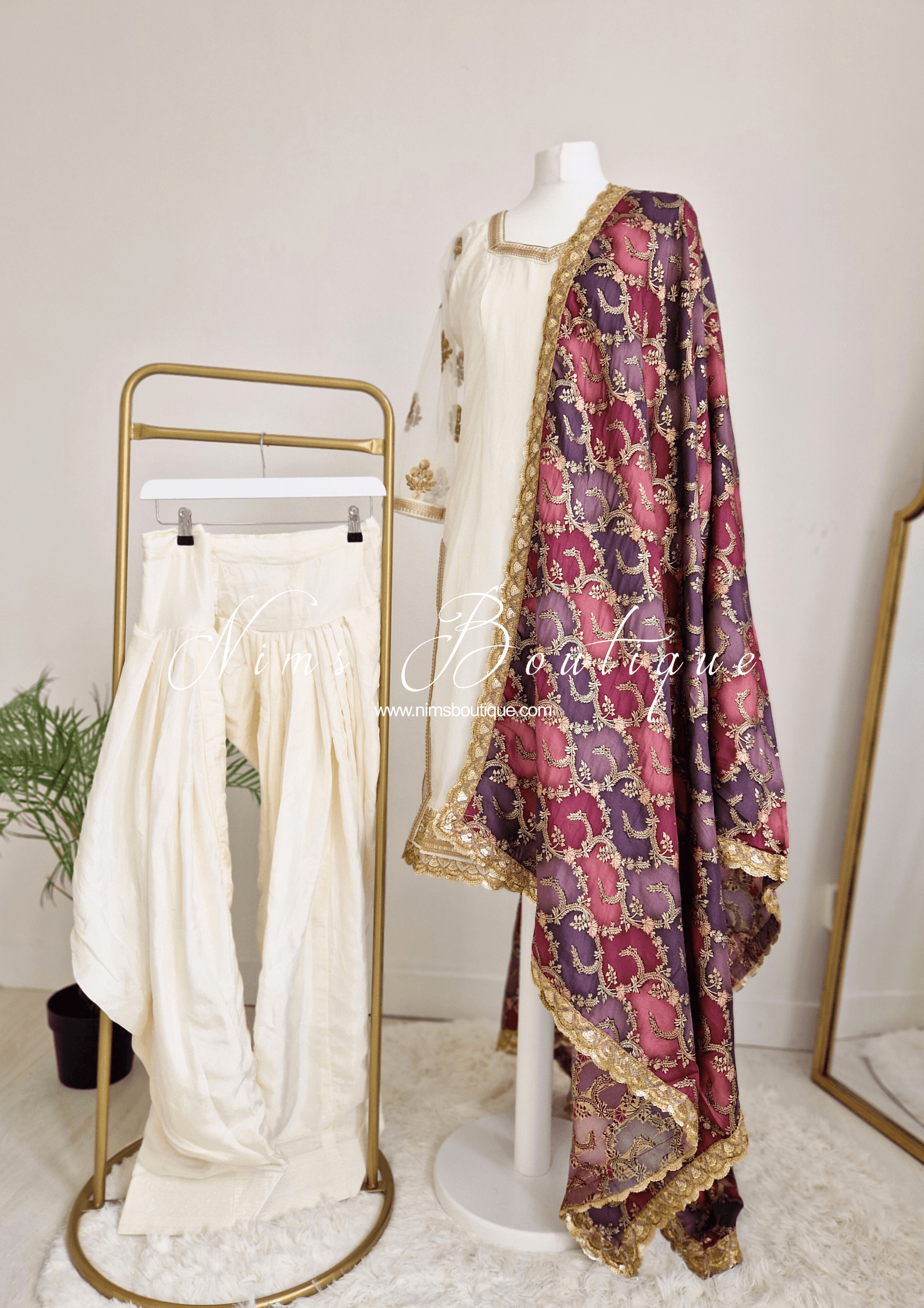 Nims Boutique The NB Classic Long Sleeved Ivory Silk & Multicolour Salwar Suit 8-20