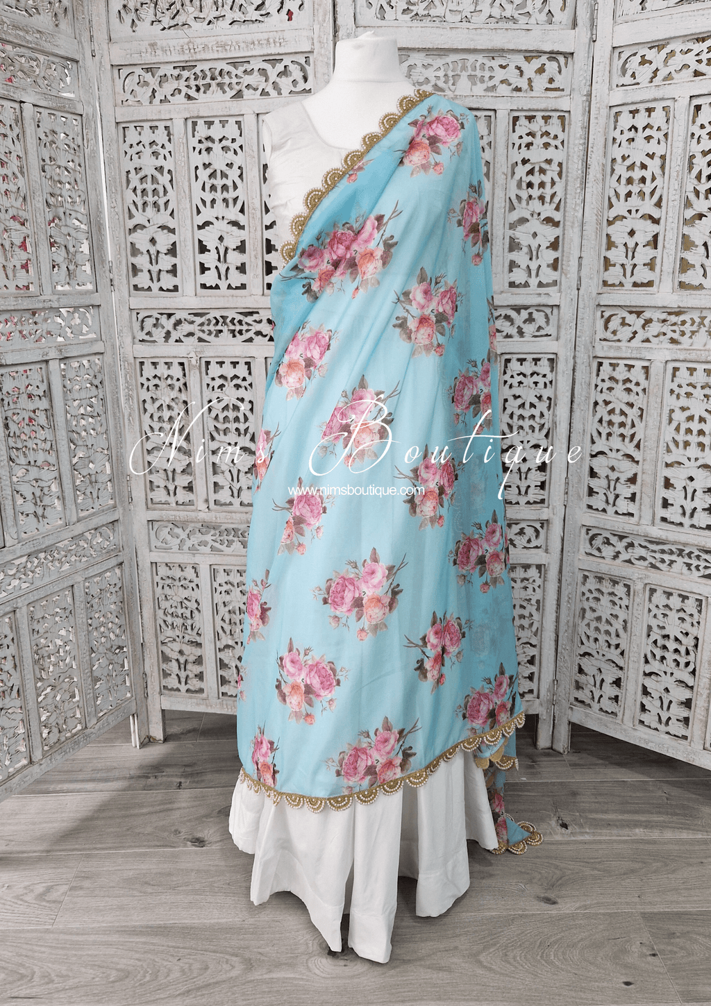 Nims Boutique Luxury Blue Organza Floral Dupatta/Chunni with Pearl Edging