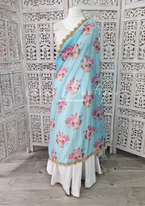 Luxury Blue Organza Floral Dupatta/Chunni with Pearl Edging