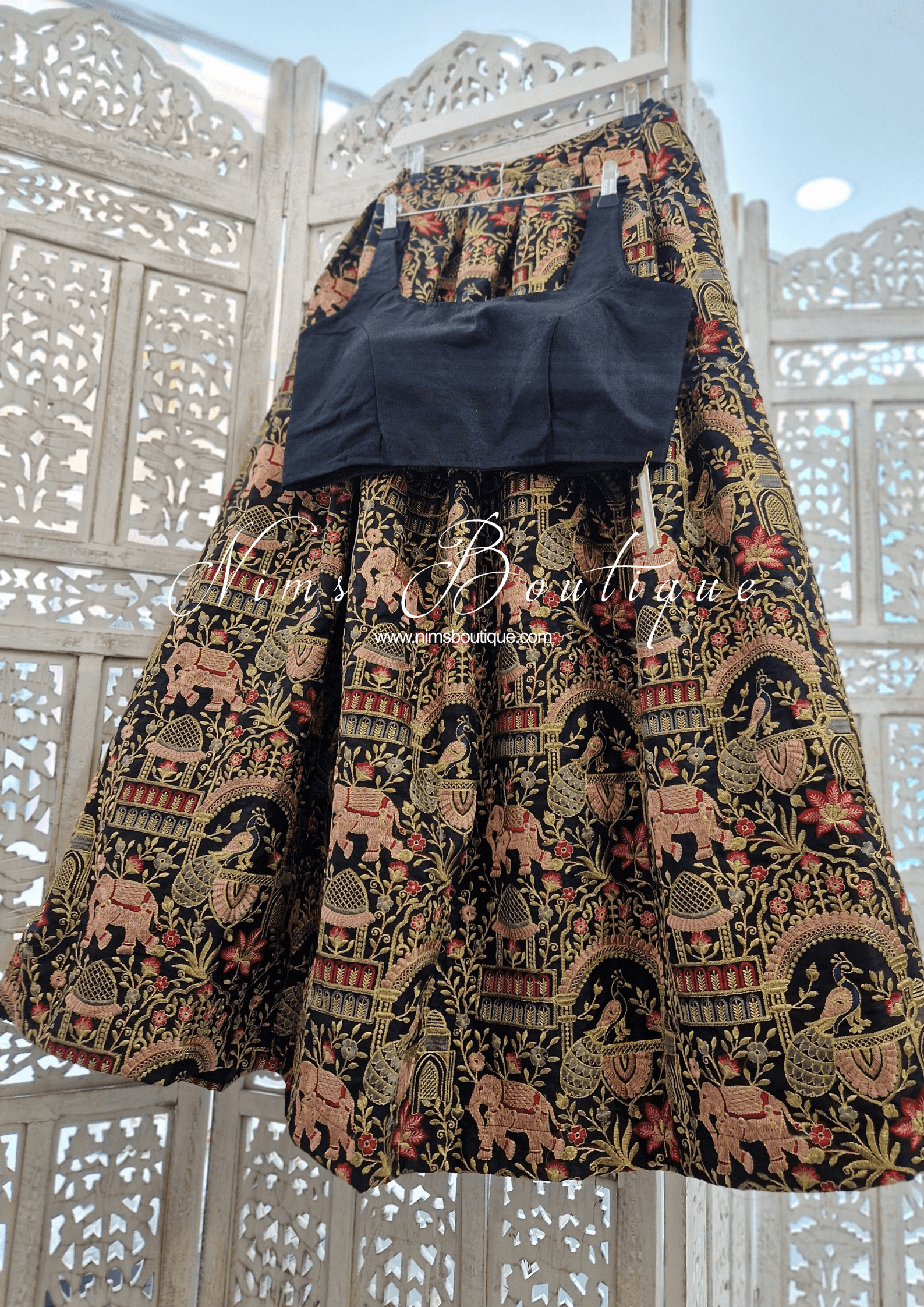 Nims Boutique Luxury Elephant & Peacock Black thread embroidered Skirt One size