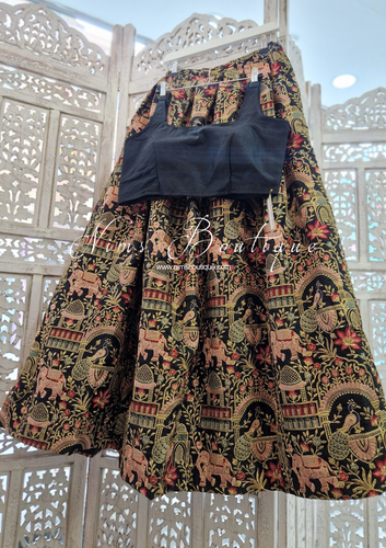 Luxury Elephant & Peacock Black thread embroidered Skirt (One size)