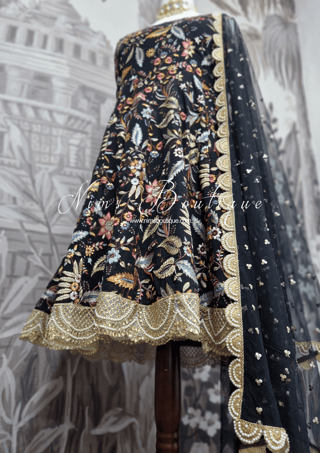 Nims Boutique Sarika Luxury Black & Multicolour Anarkali Suit with Pajami sizes 12-22