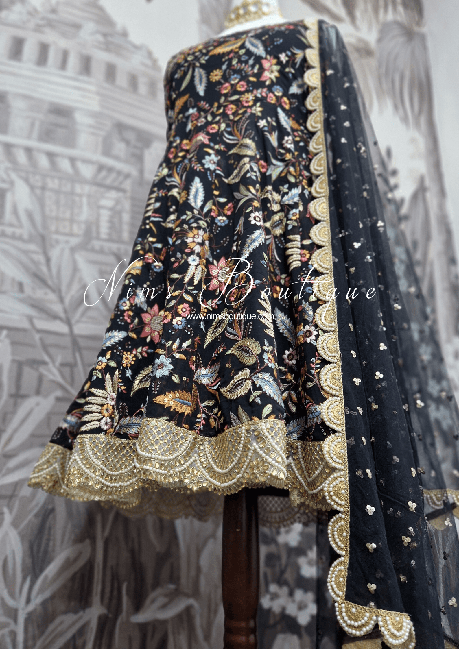 Nims Boutique Sarika Luxury Black & Multicolour Anarkali Suit with Pajami sizes 12-22