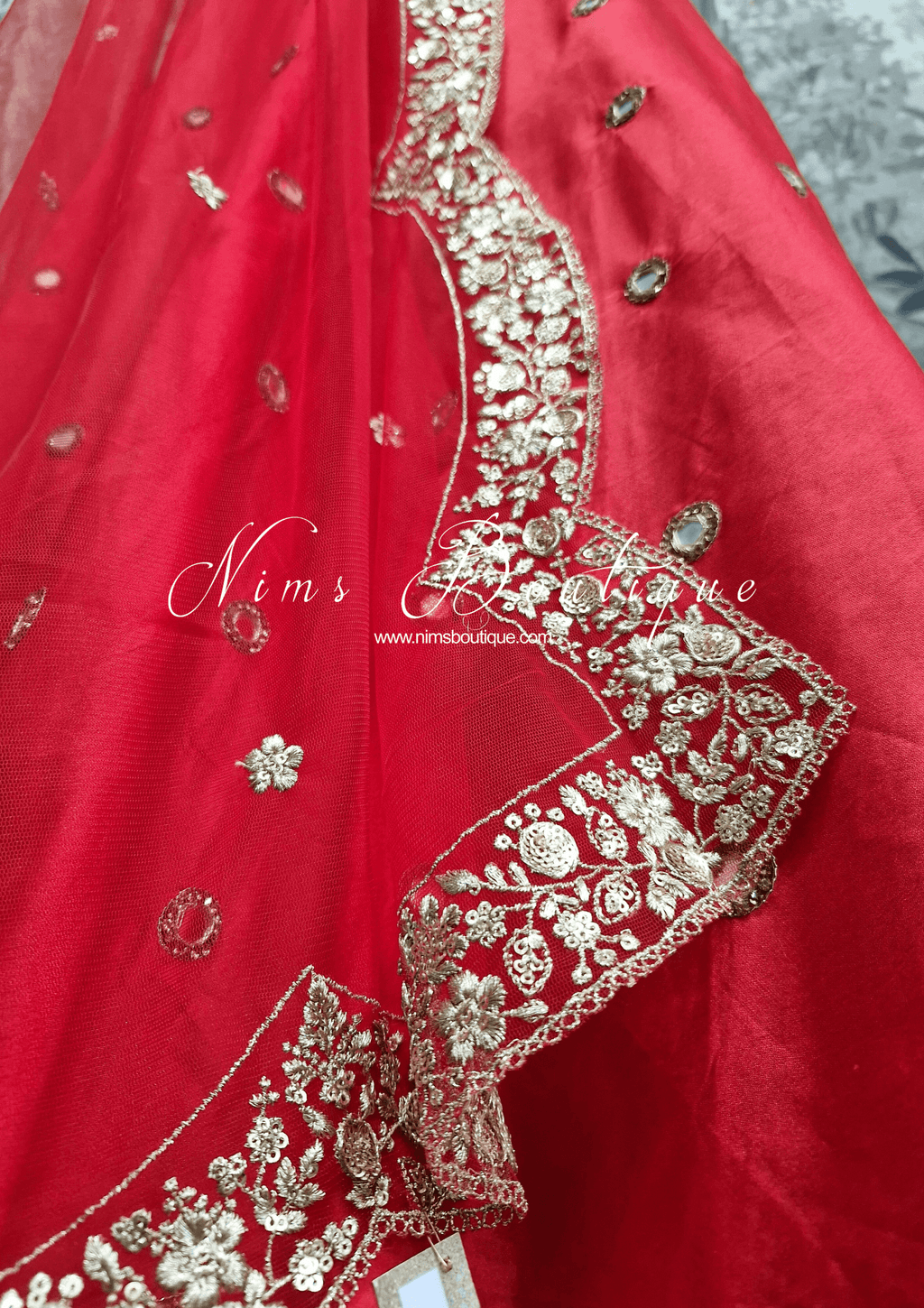 Nims Boutique Luxury Red Net Sequin Scallop Edge Dupatta/Chunni SE2