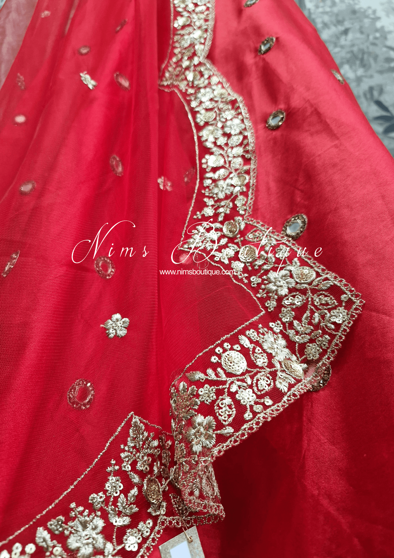 Nims Boutique Luxury Red Net Sequin Scallop Edge Dupatta/Chunni SE2