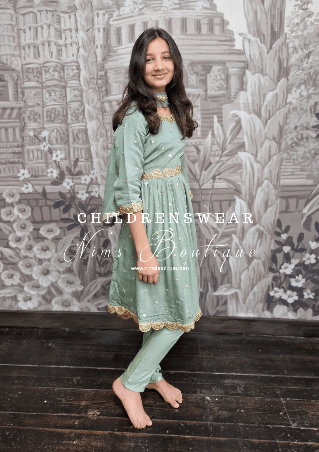 Nims Boutique Sage Green Sequin Frock Kids Pajami Suit