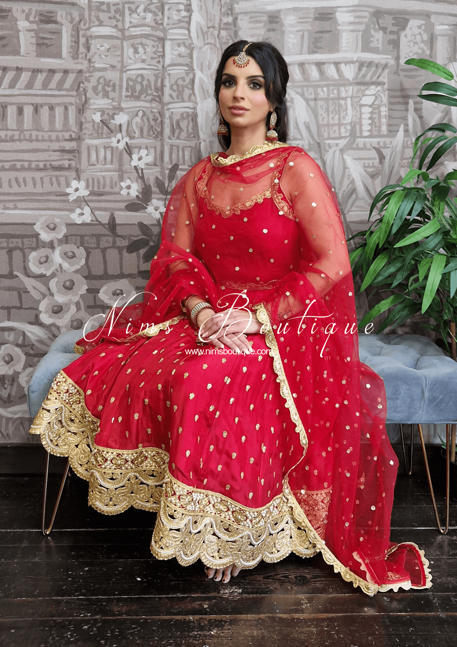 Nims Boutique The NB Luxury Red Silk Anarkali with Pajami size 4-12