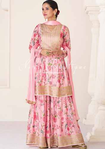 Peachy Pink Floral Chinon Sharara Suit (Size 16-18)