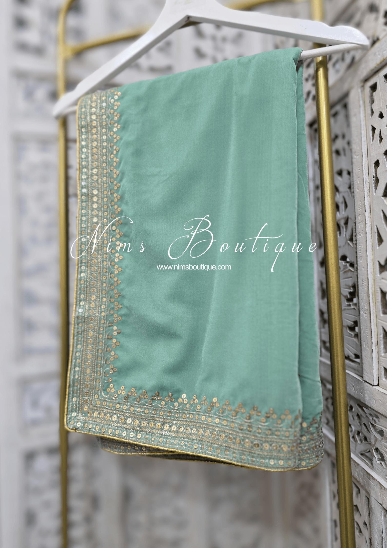 Nims Boutique Luxury Mint Green Velvet Embroidered Shawl