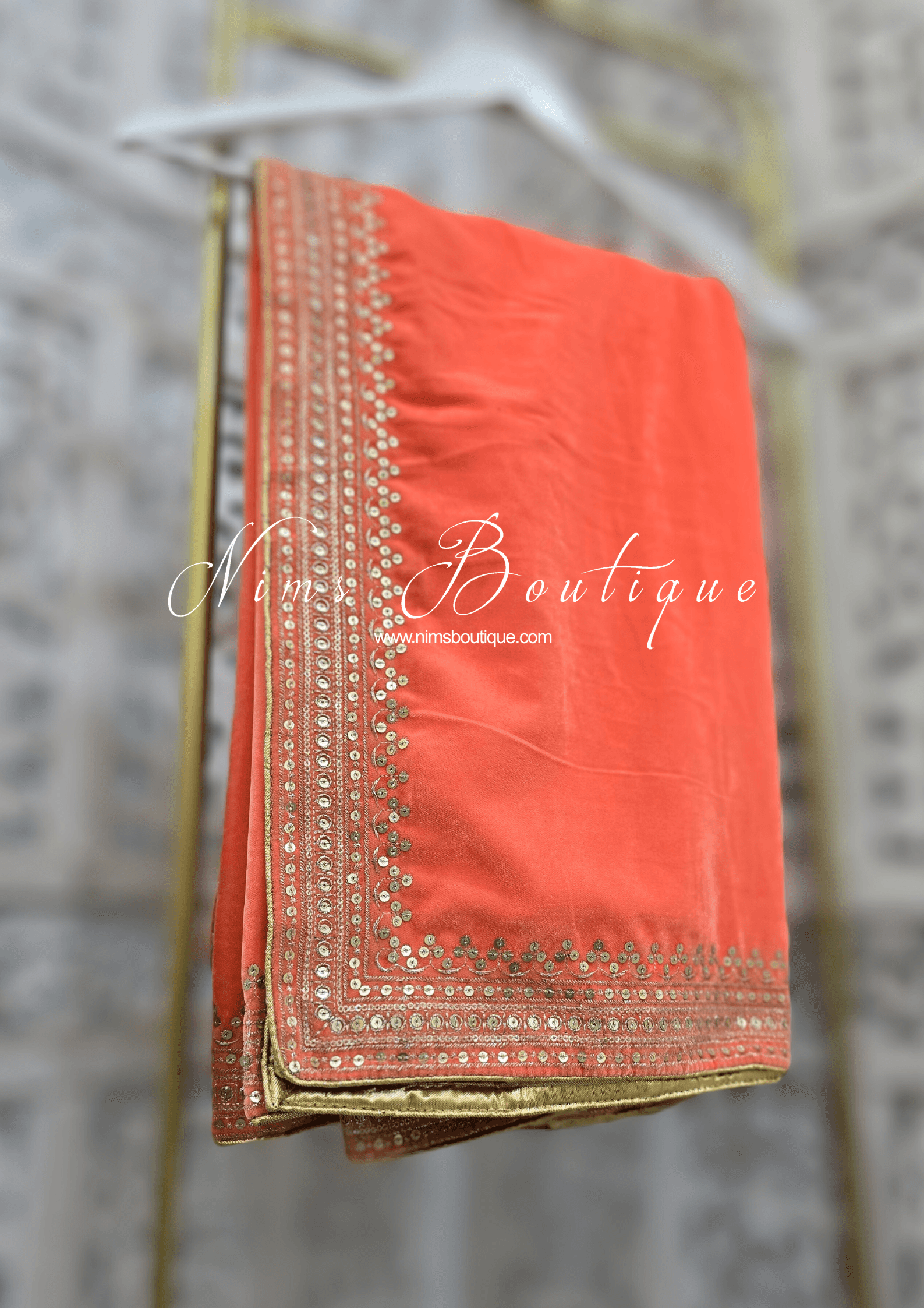 Nims Boutique Luxury Bright Peach Velvet Embroidered Shawl