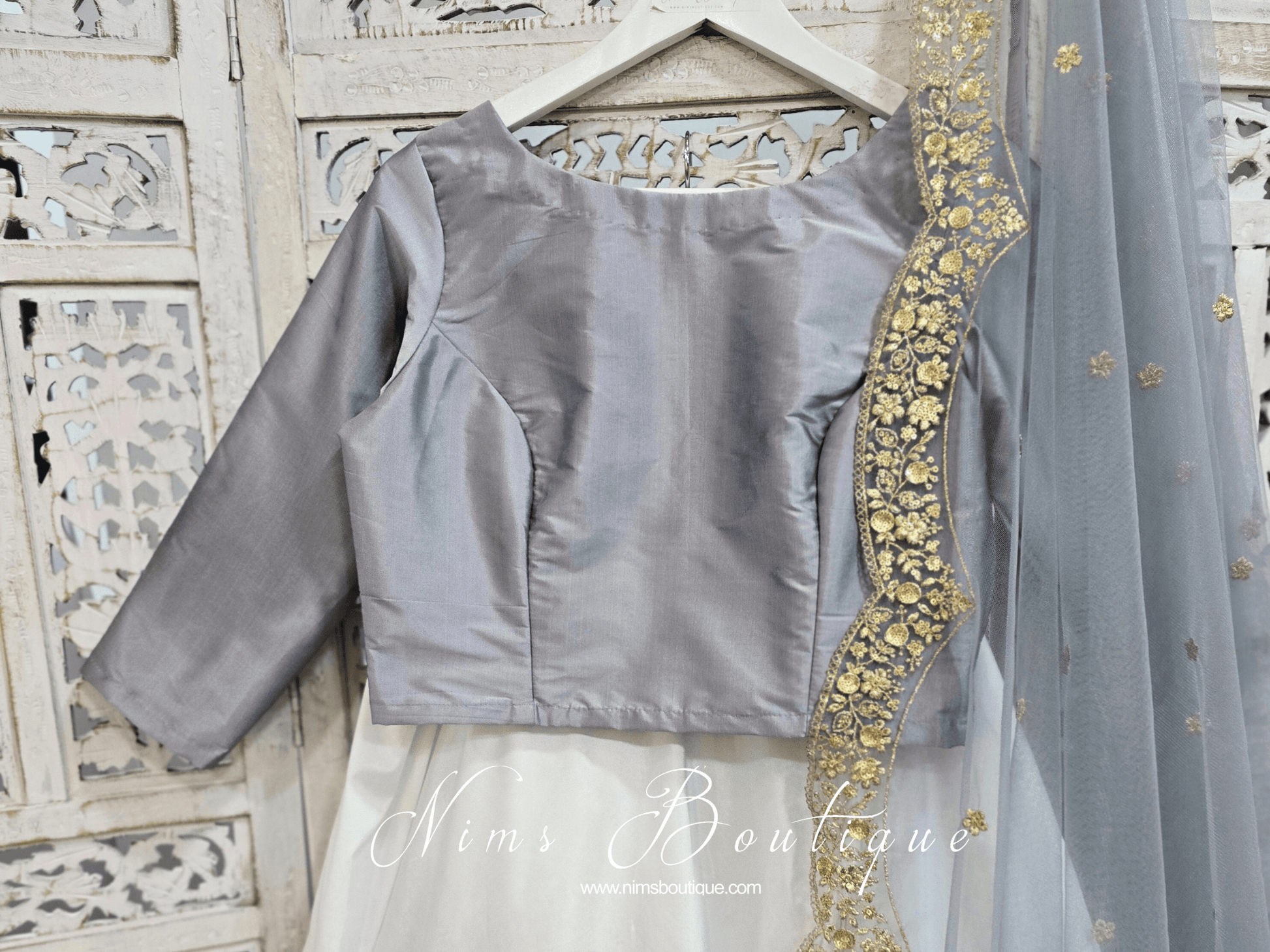 Nims Boutique Grey Silk High Neck Blouse with sleeves 4-20