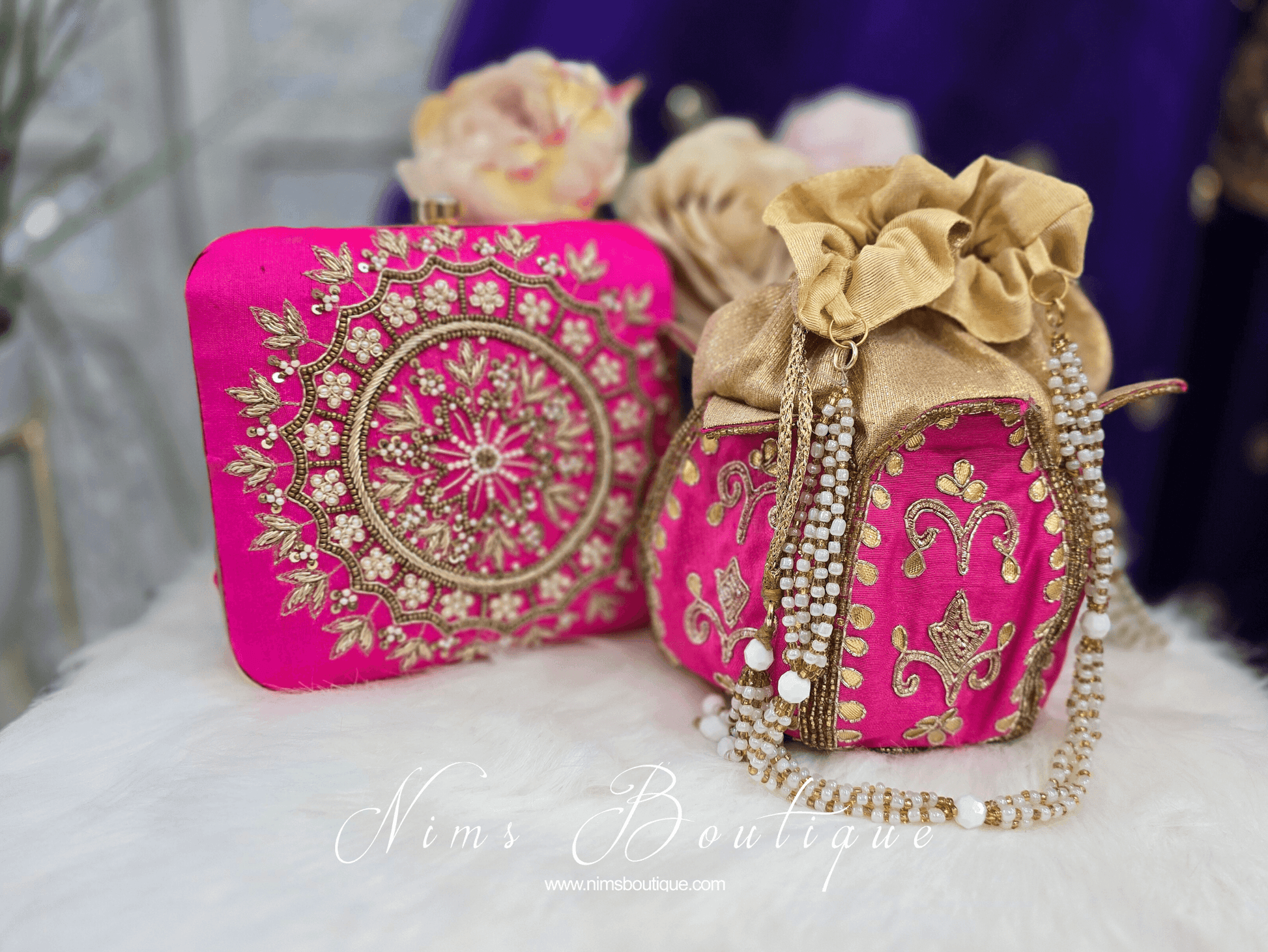 Nims Boutique Large Pink Raw Silk Pearl Embellished Clutch Bag