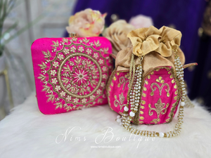 Large Pink Raw Silk Pearl Embellished Clutch Bag