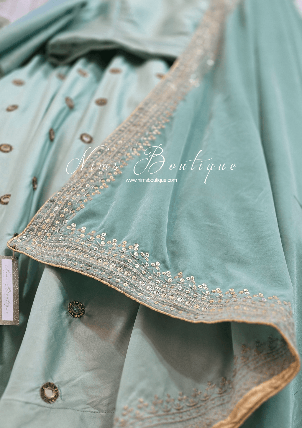 Nims Boutique Luxury Mint Green Velvet Embroidered Shawl