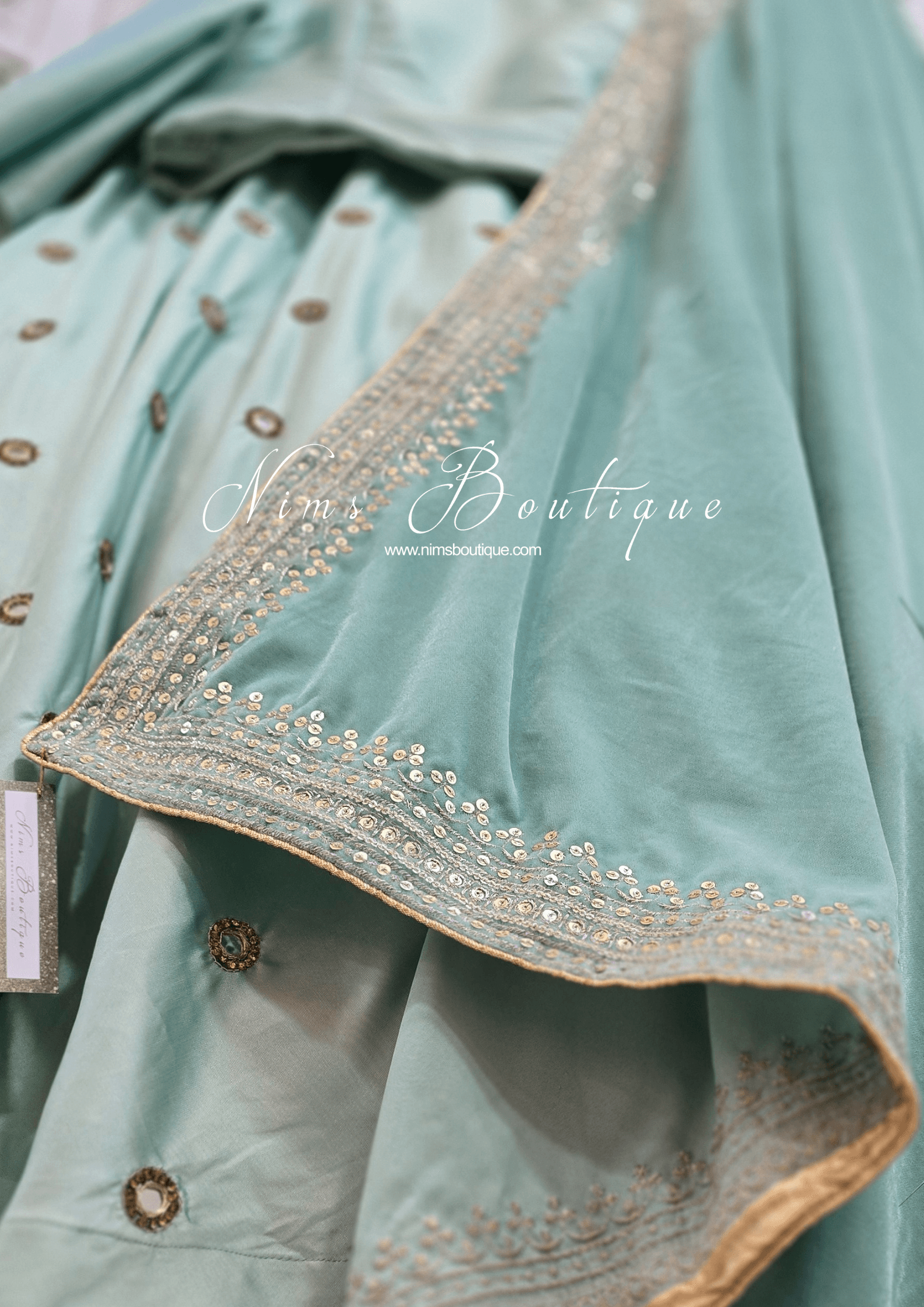 Nims Boutique Luxury Mint Green Velvet Embroidered Shawl