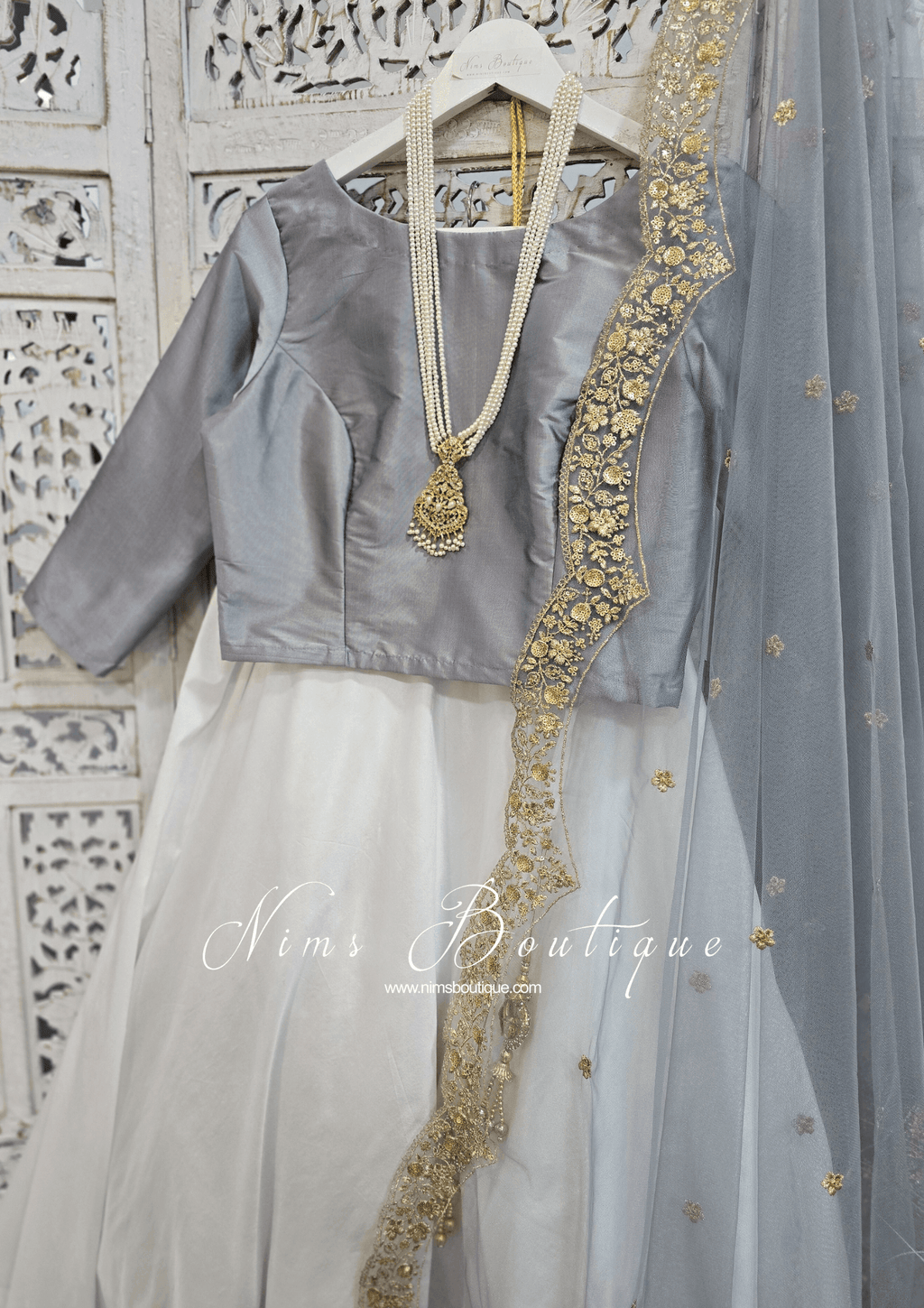 Nims Boutique Grey Silk High Neck Blouse with sleeves 4-20