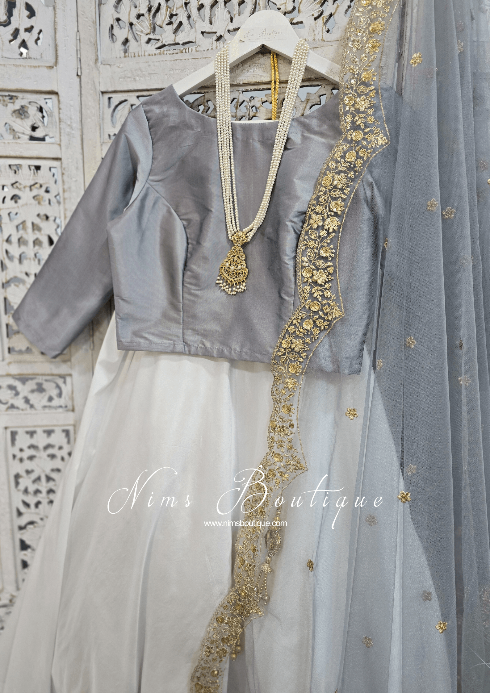 Nims Boutique Grey Silk High Neck Blouse with sleeves 4-20