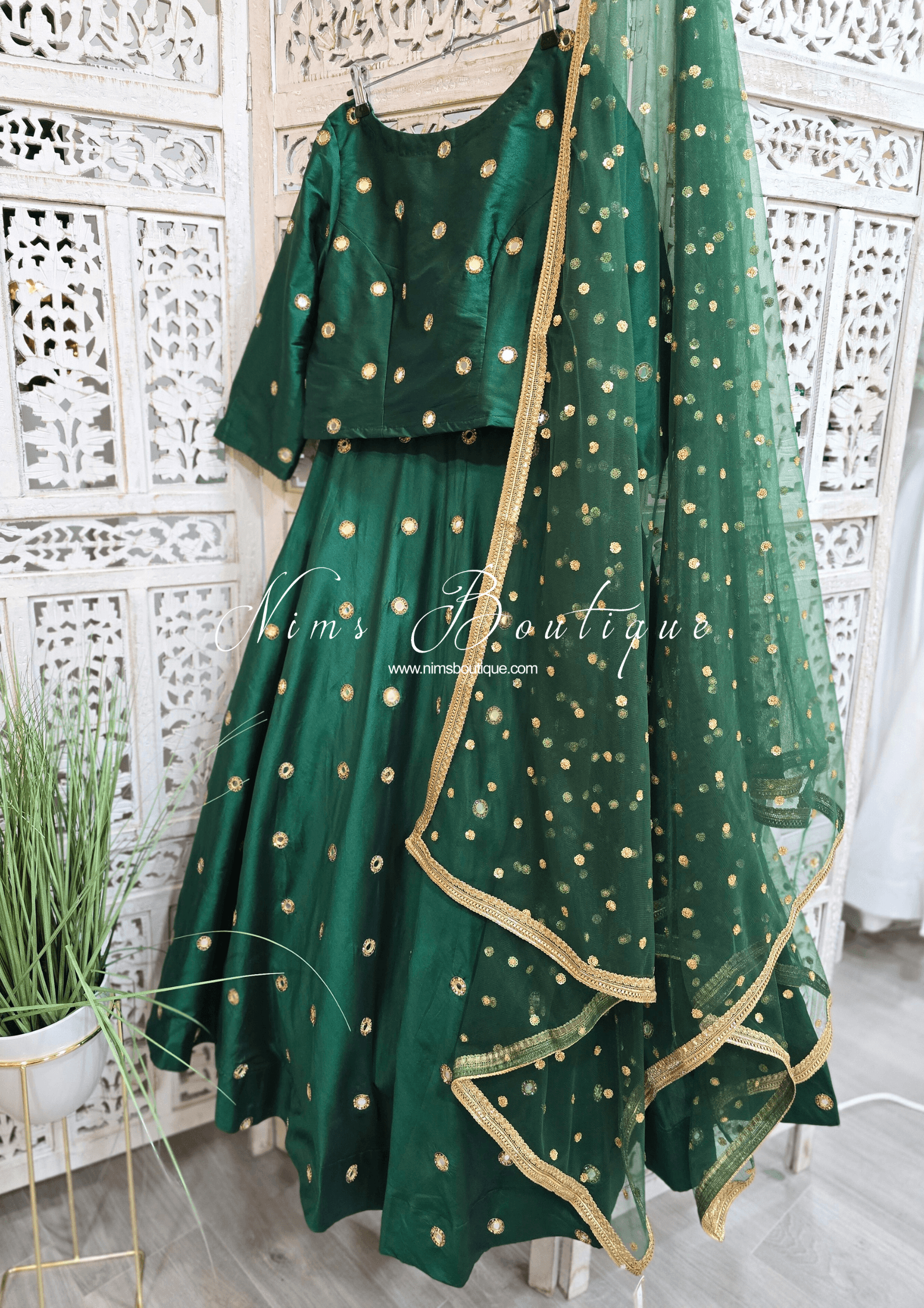 Nims Boutique Rani Luxury Silk Dark Green Mirror readymade skirt/lehnga size 4-18