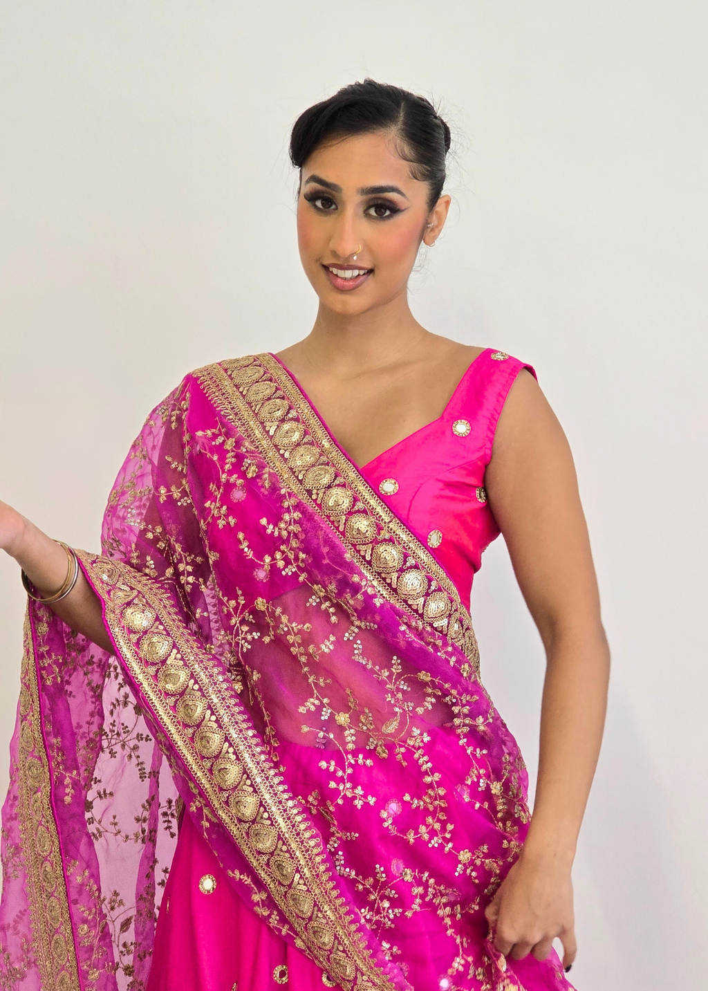 Mahi Luxury Cerise Pink Organza Embroidered Dupatta/Chunni