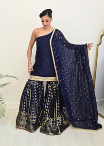 Vaani Navy One Shoulder Luxury Gharara Suit (sizes 6-14)