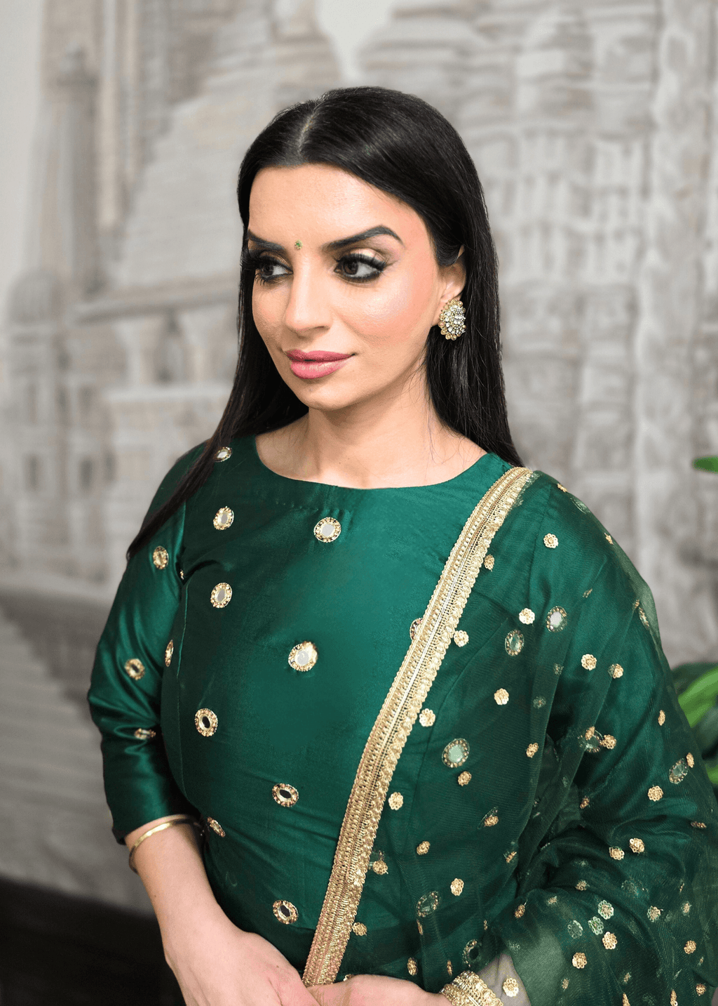 Nims Boutique Rani Luxury Dark Green Silk Mirror Blouse with sleeves size 8-18