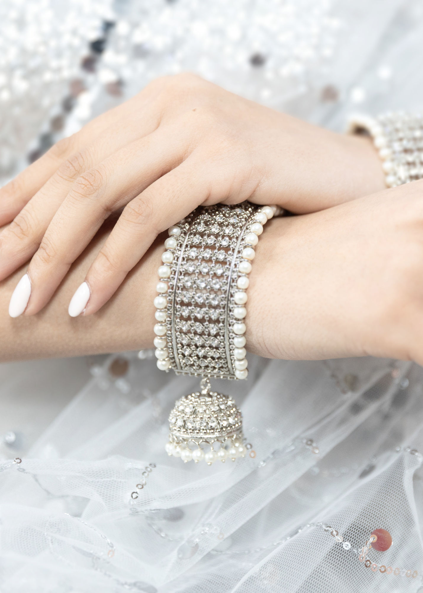 Royal Silver & Pearl Bracelet with hanging chumka