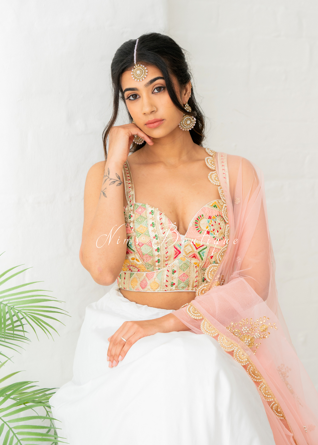 Peach Net Pearl Embellished Dupatta/Chunni with Pearl Edging