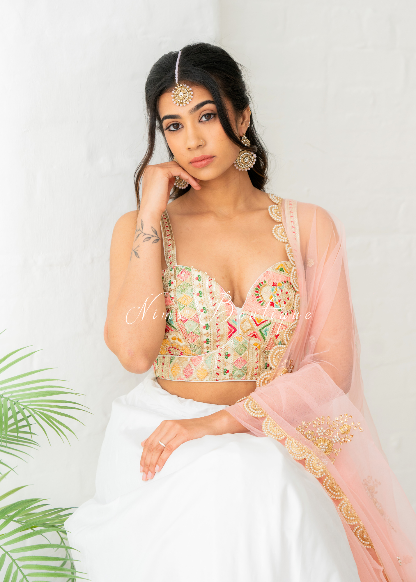 Peach Net Pearl Embellished Dupatta/Chunni with Pearl Edging