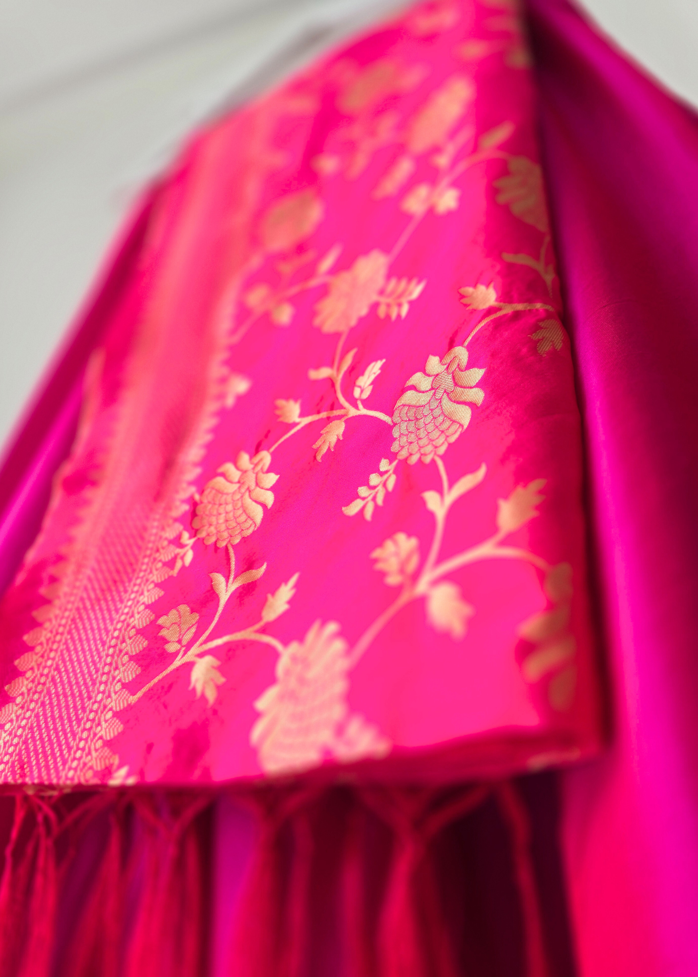 Bright Pink Floral Silk Banarsi Dupatta/Chunni (BN4)