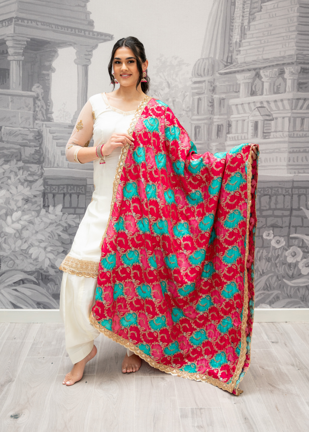 Tara Luxury Pink and Blue Brocade Dupatta/Chunni