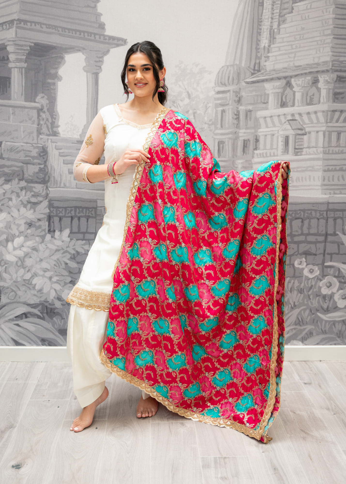 Long Sleeved Ivory Silk & Multicolour Salwar Suit (8-20)