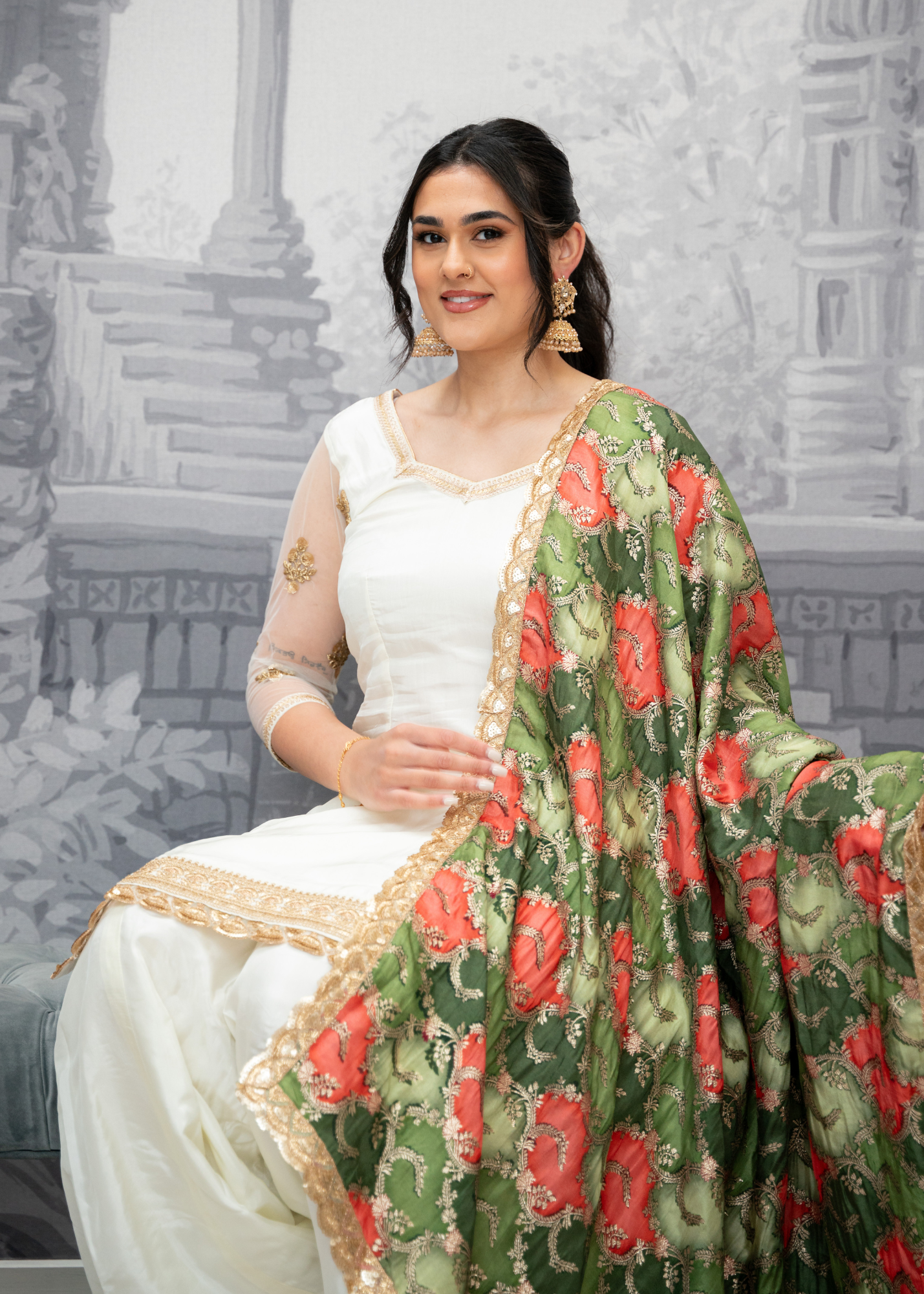 Long Sleeved Ivory Silk & Multicolour Salwar Suit (8-20)