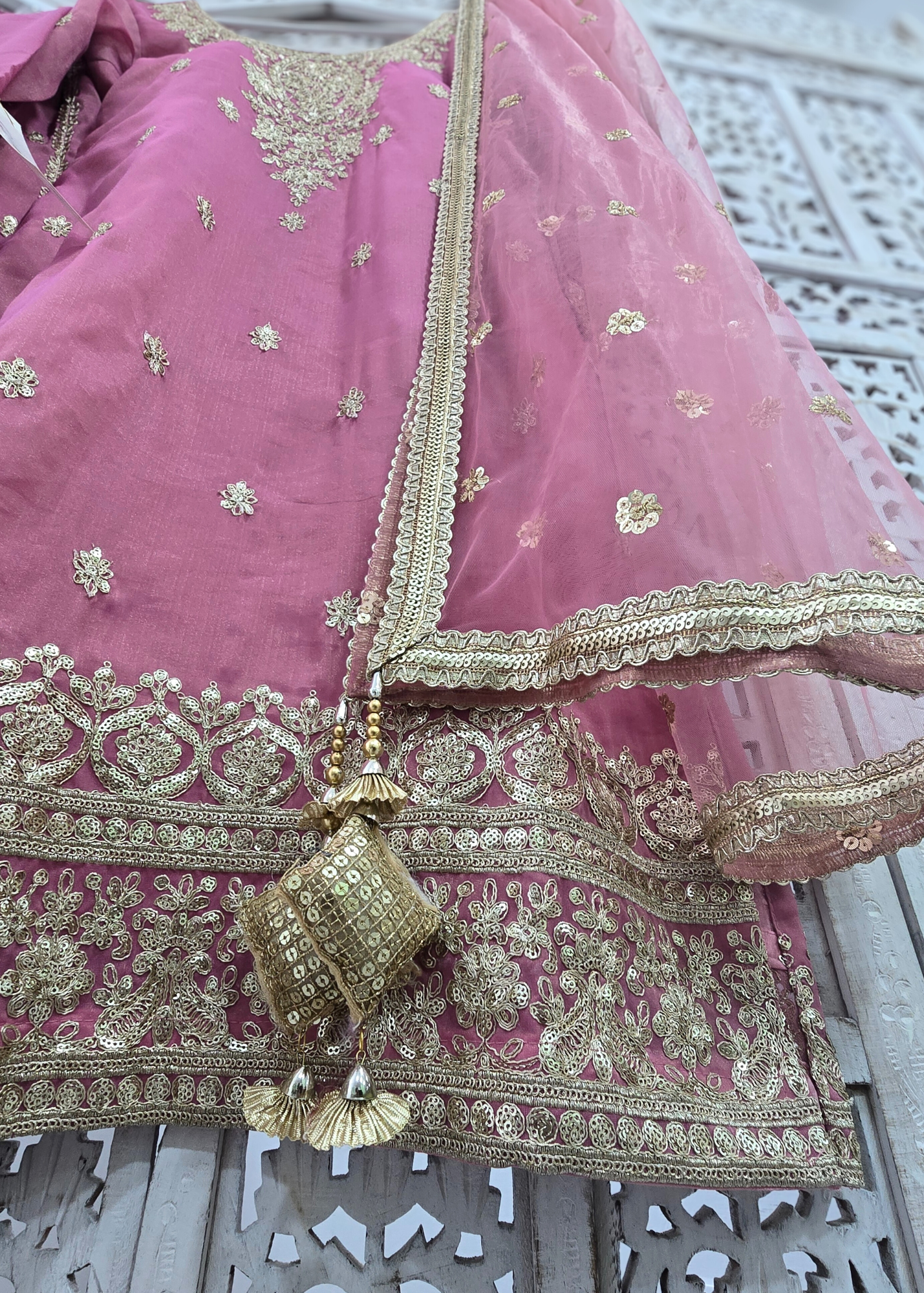 Mauve Gold Embroidered Sharara Suit (Size 10-12)