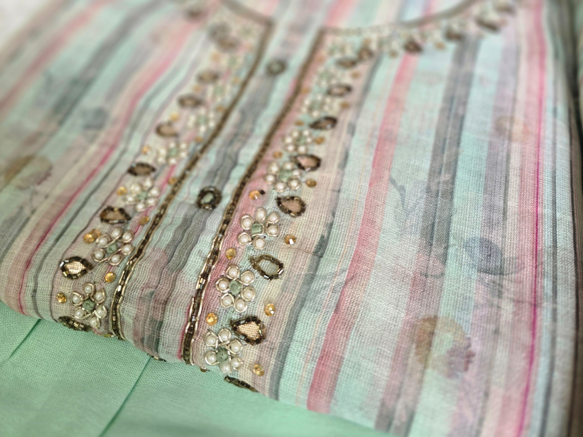 Unstitched Light Green Stripe Cotton Suit