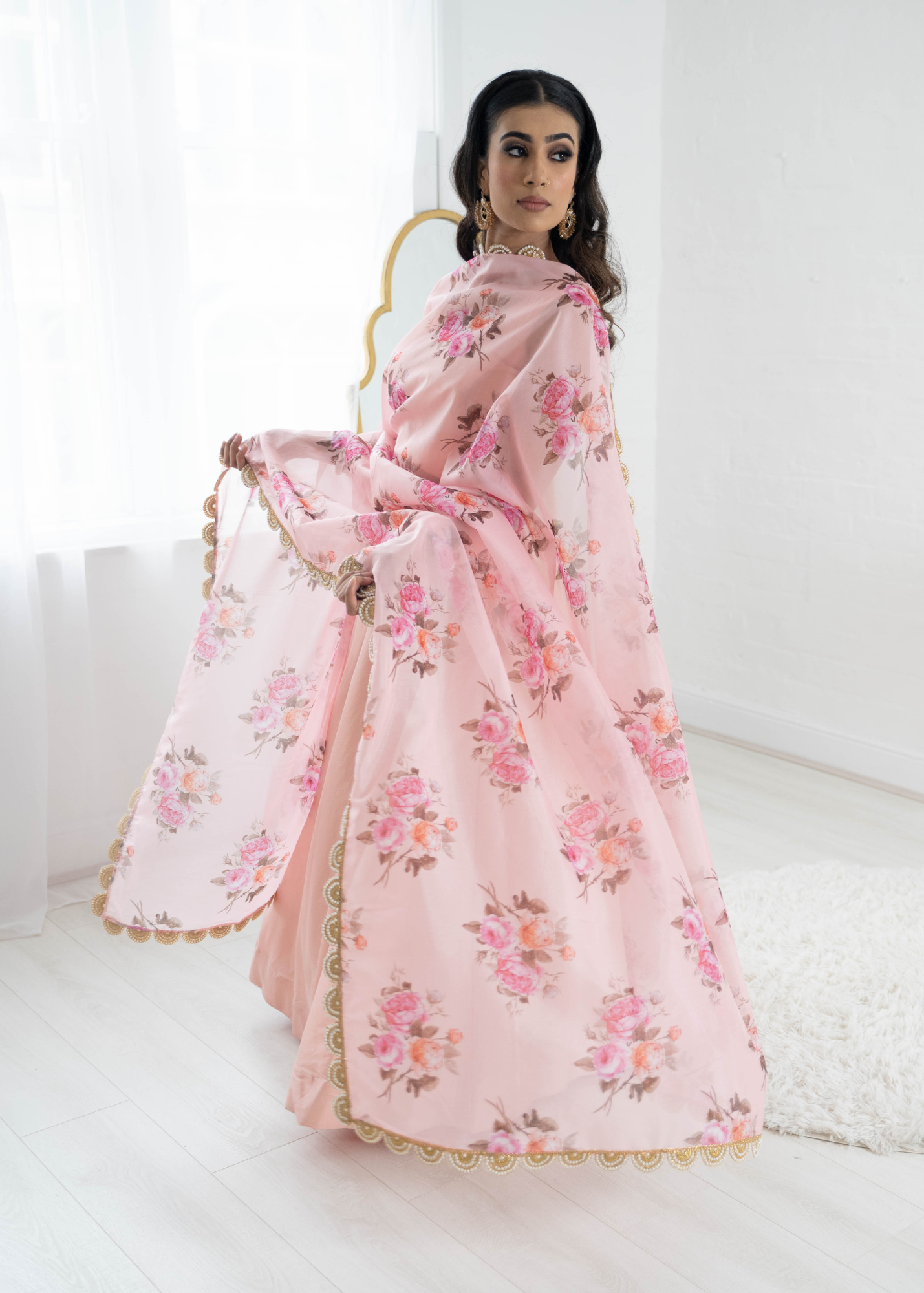 Luxury Peach Organza Floral Dupatta/Chunni with Pearl Edging