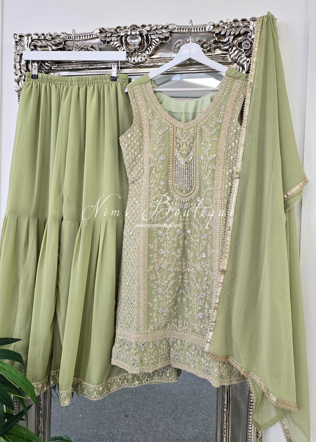 Dusky Mint Thread Embroidered Sharara Suit (size 10-12)