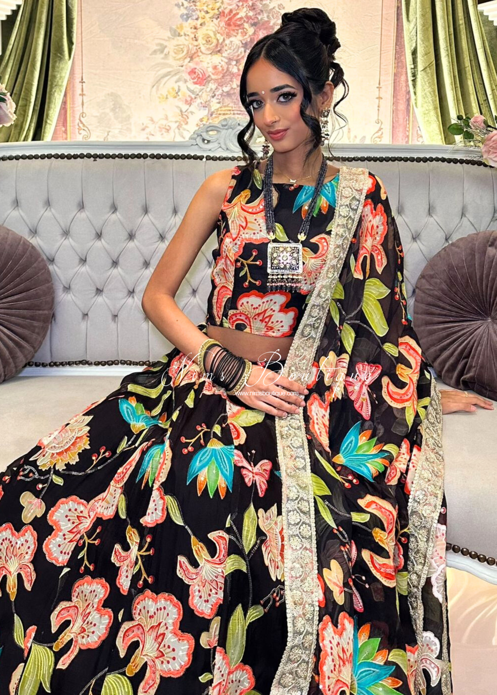 Lillianna Black Brights Floral Dupatta/Chunni