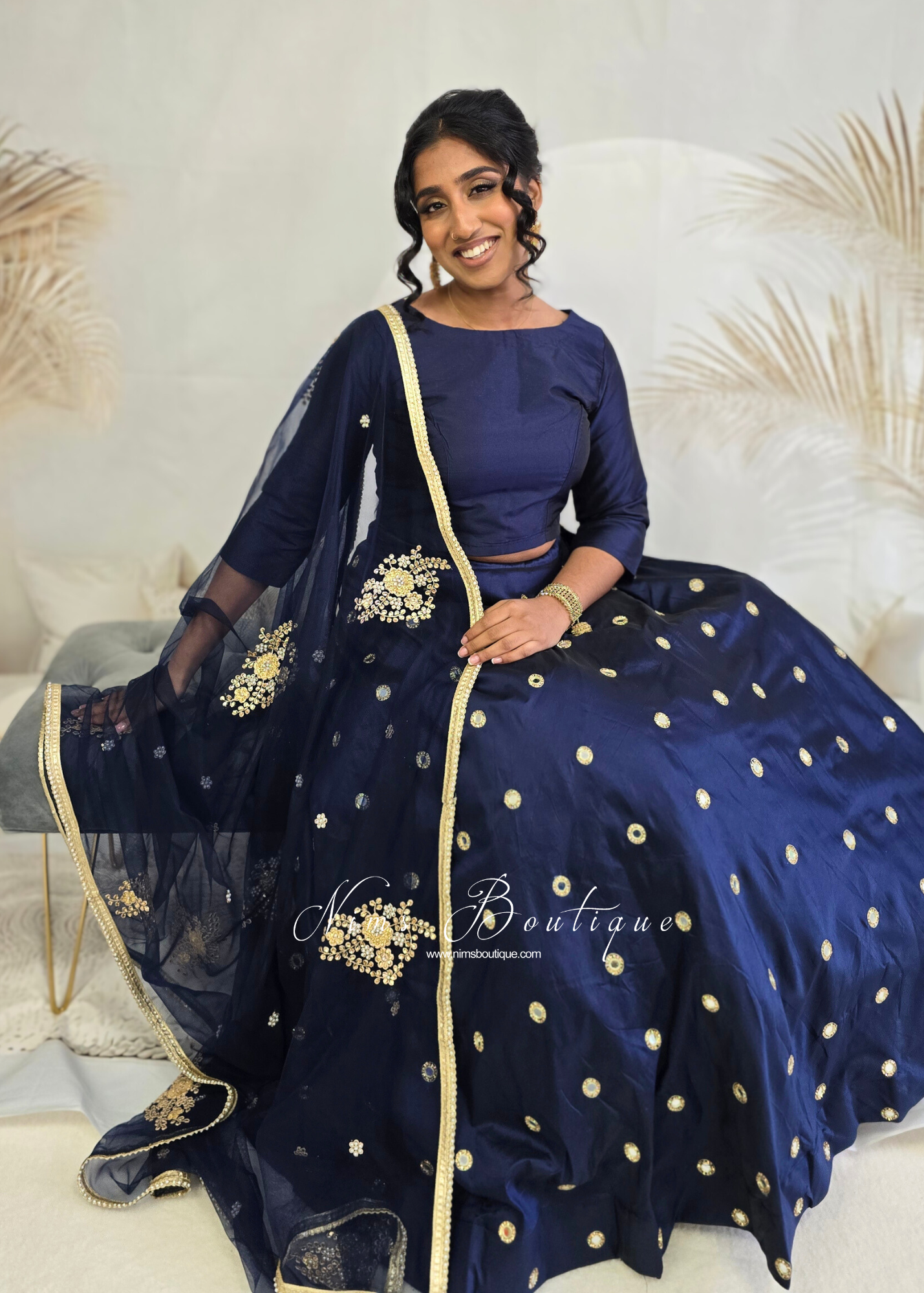 Navy Blue Silk High Neck Blouse with sleeves (size 4-26)