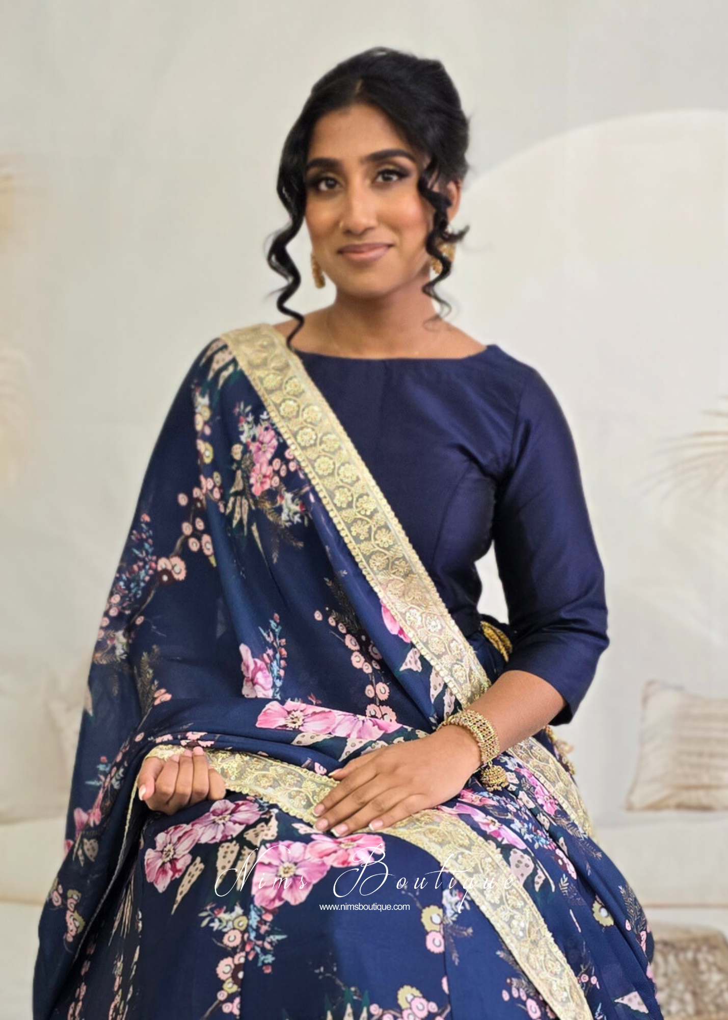 Navy Blue Silk High Neck Blouse with sleeves (size 4-26)