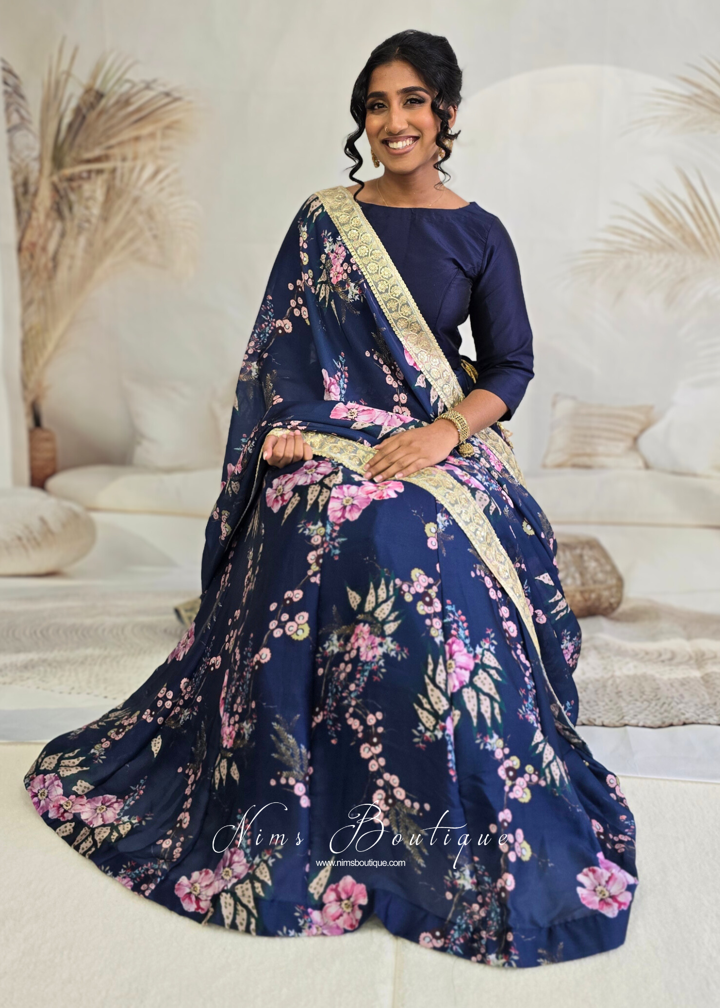 Sakura Navy Satin Print Dupatta/Chunni sequin edging