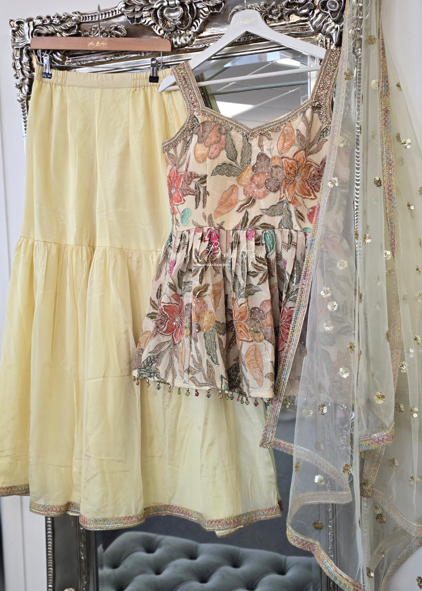 Lemon Frock Thread Embroidered Gharara Suit (size 12-14)