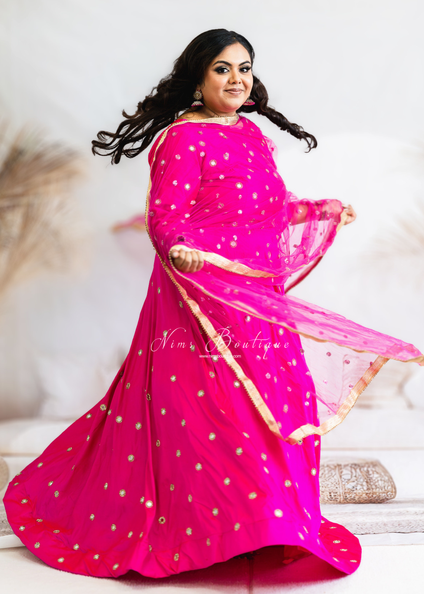 NB Hot Pink Net Sequin Dupatta/Chunni
